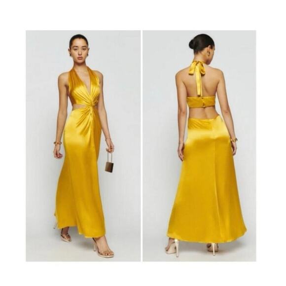 Reformation Dresses & Skirts - Reformation yellow halter cut out sexy maxi dress size 12 100% silk party formal